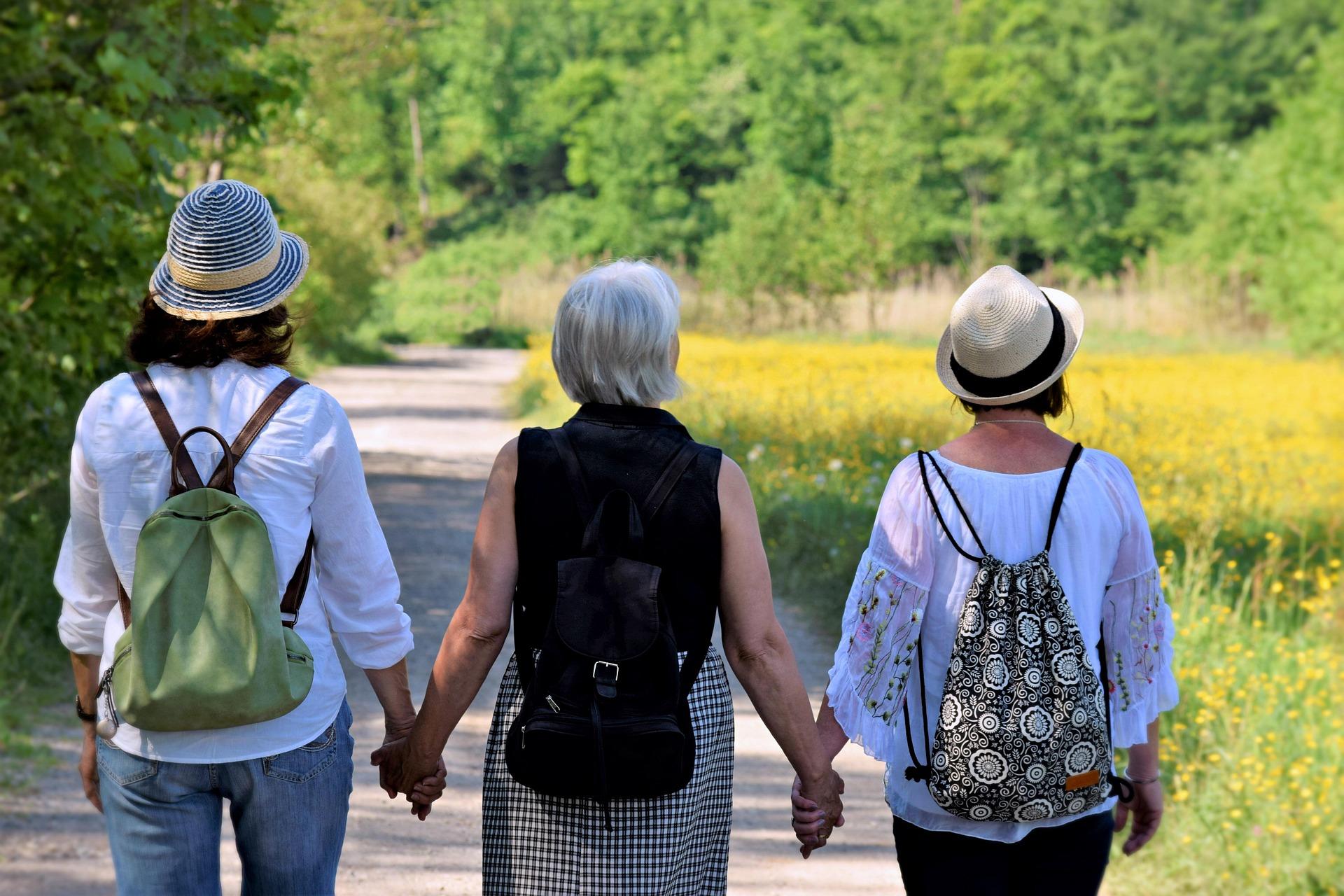 three mature woman facing nature enjoying nice day in forest